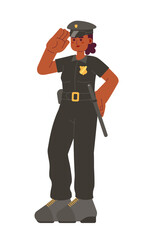 Police officer woman saluting cartoon flat illustration. Detective policewoman african american 2D character isolated on white background. Civil servant, black female cop scene vector color image