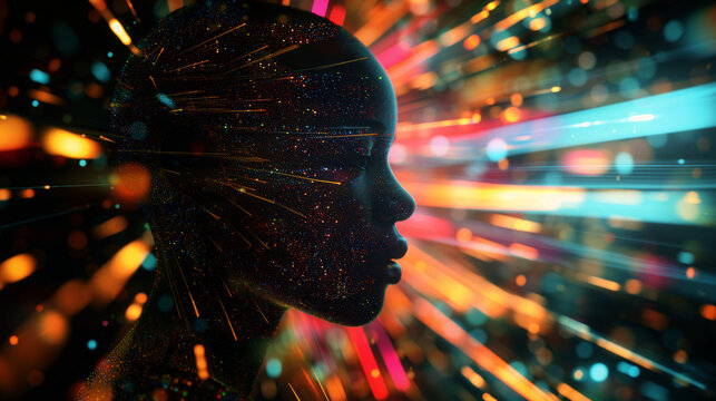 AI Generated Image. Hologram of the black woman face composed of vibrant digital pixels against the glowing digital data streams