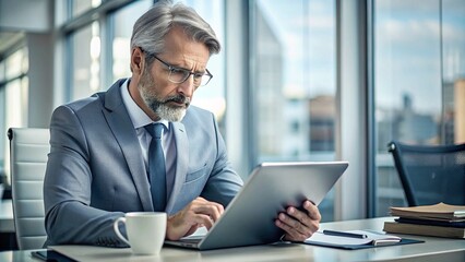Fototapeta premium Focused Businessman Analyzing Financial Data on Tablet and Laptop in Office