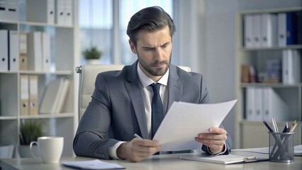 Fototapeta na wymiar Worried Young Man Businessman Reviewing Documents and Agreements in Office