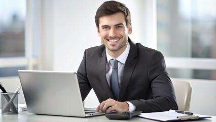 Portrait of Young Businessman Working in Office with Calculator and Documents