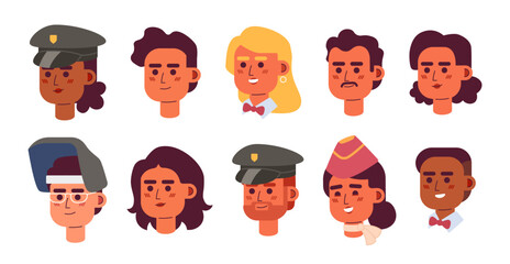 Workers diverse 2D vector avatars illustration set. Multicultural adult women, men cartoon character faces. Jobs people icons bundle. Career flat color users profiles images isolated on white