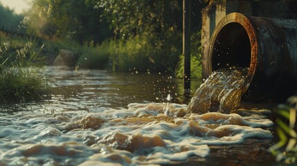 Environmental damage concept, Industrial and factory brown wastewater, murky discharge pipe into wild river, dirty water pollution