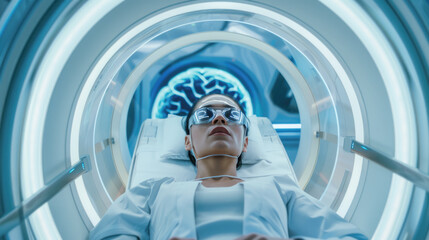 Female Patient Lying on a CT or PET or MRI Scan Bed, Moving Inside the Machine While it Scans Her Brain and Vital Parameters. AR Concept with Visual Effects In the Lab with High-Tech Equipment