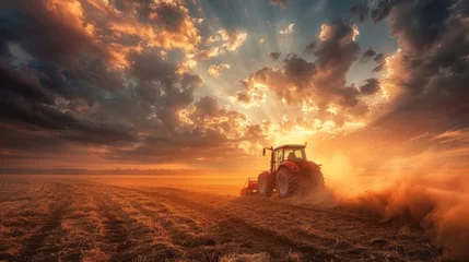 Tuinposter A tractor kicks up dust while tilling a field under a dramatic sunset sky. © tashechka