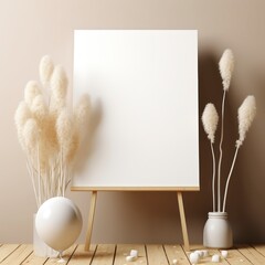Blank canvas mockup on wooden easel.
