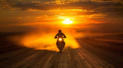 A rider on a motorcycle kicking up dust on a rural road against a dramatic sunset backdrop.