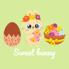 Cute Easter card. Vector illustration. Spring collection of cute bunny, flowers and sweets. For poster, card, scrapbooking , stickers