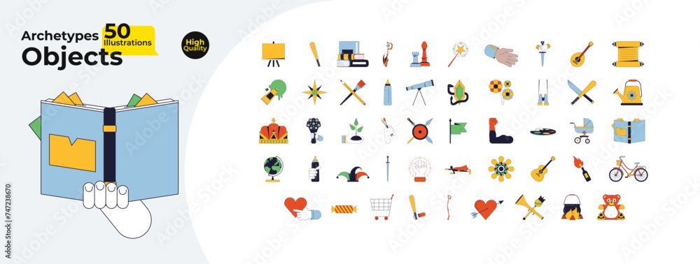 Poster archetypal symbols 2d linear cartoon objects bundle. fantasy roleplay isolated line vector elements 