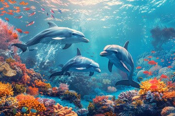 Obraz na płótnie Canvas dolphins swimming underwater in the sea on a reef, wildlife and ocean preservation concept, earth day concept