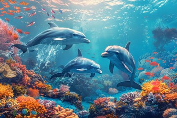 Obraz premium dolphins swimming underwater in the sea on a reef, wildlife and ocean preservation concept, earth day concept