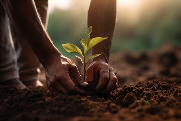 farmer is planting a seedling in a soil, healthy and organic food concept, conscious consumption, golden hour - obrazy, fototapety, plakaty