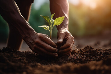 farmer is planting a seedling in a soil, healthy and organic food concept, conscious consumption, golden hour