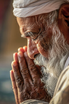 Elderly Muslim Man in Deep Prayer during Ramadan. Generative AI image