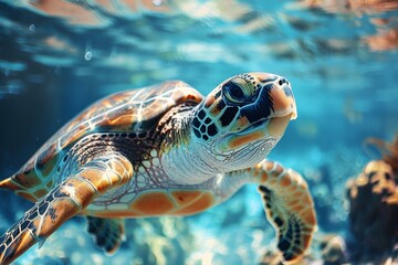 Obraz premium turtle swimming underwater in the sea on a reef, wildlife and ocean preservation concept, earth day concept