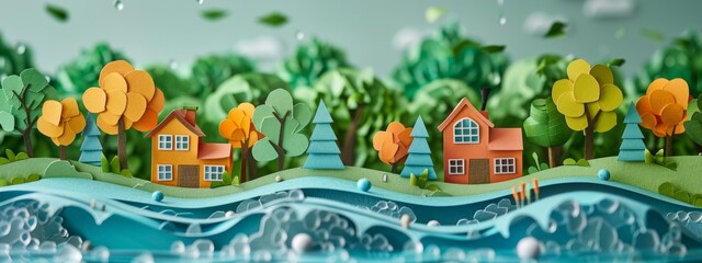 green city landscape cut out of cardboard, globe illustration, banner, earth day concept