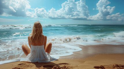 Fototapeta na wymiar A woman wearing white clothes looks at the sea on a sandy beach with gentle waves crashing on the beach, the woman is sitting on the sandy beach