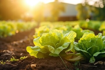 lettuce growing in the field, golden hour, sun is shining, healthy and organic food concept, conscious consumption - obrazy, fototapety, plakaty