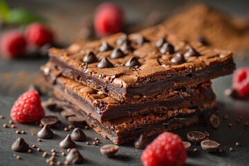Chocolate brownie cake dessert with raspberry on dark background