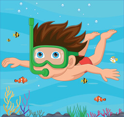 Fototapeta na wymiar Cartoon little boy diving in underwater sea
