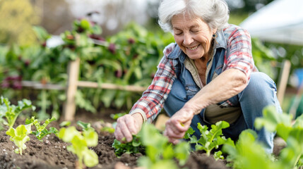 Fototapeta premium Happy senior woman planting young vegetables in beds