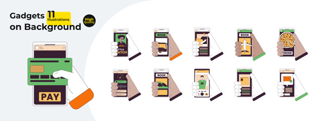 Holding mobile app screen linear cartoon character hands illustration bundle. Millennial, gen z on phone outline 2D vector image collection, white background. Applications editable flat color cliparts