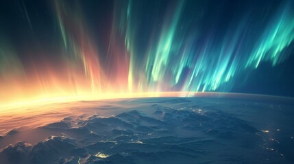 Arctic Aurora Borealis: Ethereal Northern Lights over Icy Peaks.