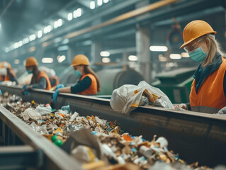 Obraz premium Workers sort garbage on a moving conveyor belt at a modern waste processing plant.
