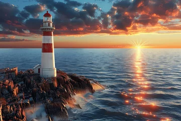 Foto op Aluminium Red and White Lighthouse Perched on Rock © hakule