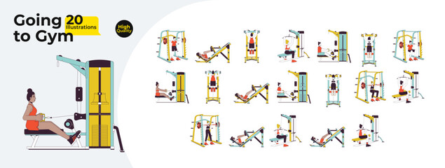 Workout gym people line cartoon flat illustration bundle. Bodybuilding sports 2D lineart characters isolated on white background. Stretching. Bodybuilder machines vector color image collection