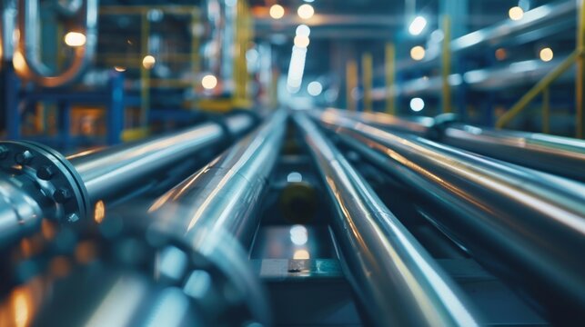 Shiny Steel Pipes Running Along The Ceiling Of An Industrial Manufacturing Plant, Reflecting Ambient Light.