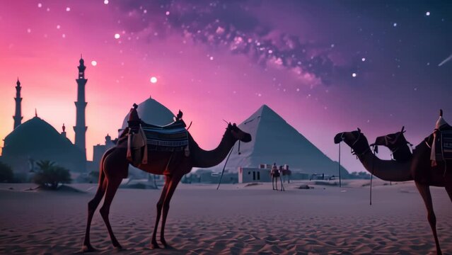 Ramadan days video animation, mystical scene of two camels in the foreground, silhouetted against a breathtaking sunset that paints the sky in hues of purple and pink. In the background