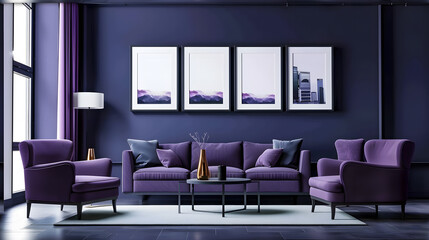 modern living room interior design, purple sofa and armchairs dark blue wall with poster. 