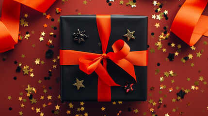 Festive Black Friday surprise, Top view black gift box, adorned with vibrant red . Generative Ai