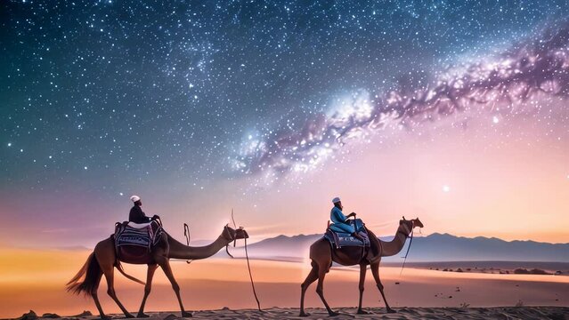 Ramadan days video animation, two individuals riding camels across a serene desert landscape under a mesmerizing starry sky. The Milky Way galaxy is prominently displayed