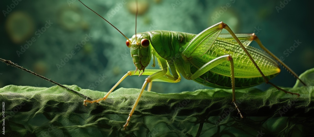 Poster a detailed view of a grasshopper perched on a green leaf, blending seamlessly with its surroundings.