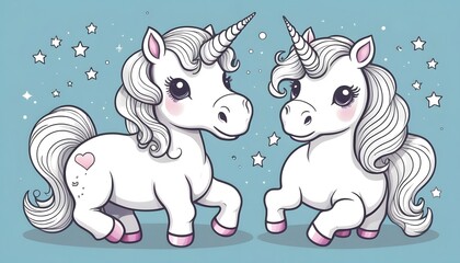 Cute cartoon unicorns set on a white background. Coloring book illustration