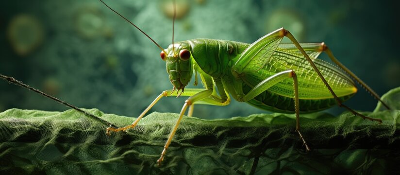 A detailed view of a grasshopper perched on a green leaf, blending seamlessly with its surroundings. The grasshoppers intricate body and leg structure are prominently displayed in this close-up shot.