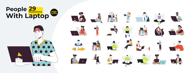 Laptop working people diverse line cartoon flat illustration bundle. Notebook people multicultural 2D lineart characters isolated on white background. Freelancers gadgets vector color image collection