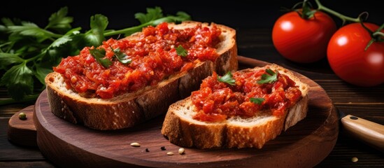 Two slices of bread topped with marinara sauce are on a wooden cutting board, showcasing a delicious snack or meal preparation.
