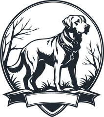 Emblem with a hunting dog, vector illustration - 747240227