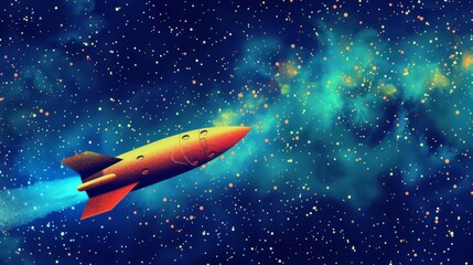 This illustration depicts a spaceship on a celestial odyssey, set against a backdrop of a cosmic nebula, evoking the spirit of discovery on the International Day of Human Space Flight. - obrazy, fototapety, plakaty