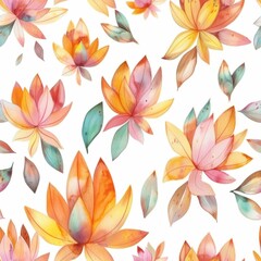 Seamless watercolor design with lotus flowers in radiant red and orangeade, symbolizing serenity and grace. Ideal for fabrics and serene interior decors.