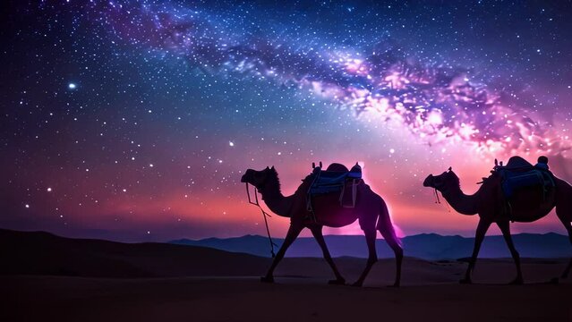 Ramadan days video animation, mystical moment in a desert, where two camels are silhouetted against the backdrop of a breathtaking starry night sky. The Milky Way is prominently displayed