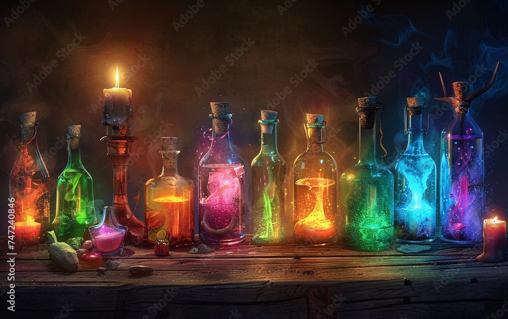 Poster glowing bottles and candles a magical display for the full moon generative ai