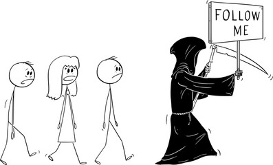 Death or Grim Reaper Walking With Follow Me Sign, Vector Cartoon Stick Figure Illustration - 747240807