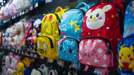 Fototapeta na wymiar Brightly colored backpacks adorned with cartoon characters or trendy patterns.