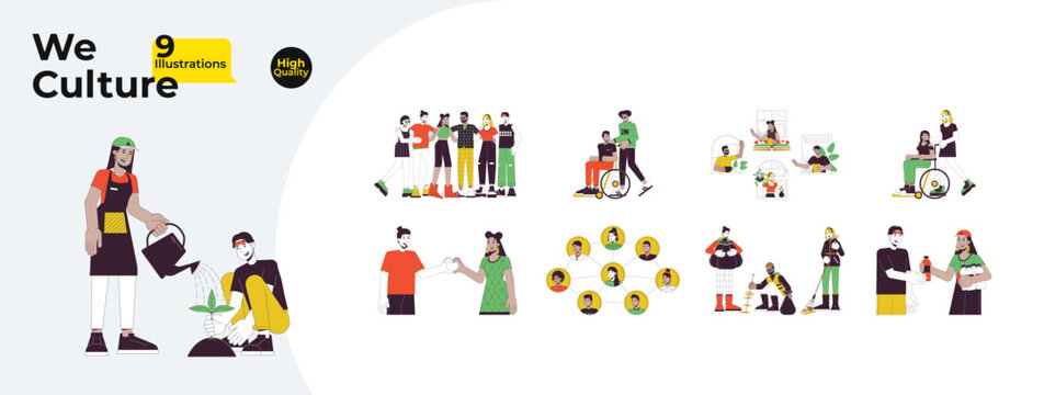 Community cooperation line cartoon flat illustration bundle. Volunteer group multicultural 2D lineart characters isolated on white background. Collaboration teamwork vector color image collection