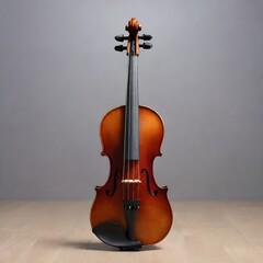 Fototapeta na wymiar A brown violin standing upright on a light wooden floor against a gray background