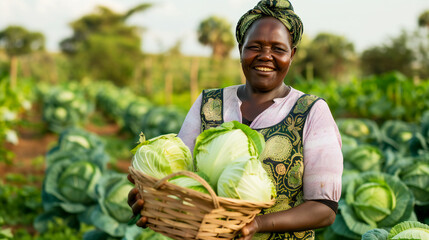 A woman standing in the field of a vegetable holding a basket of cabbage - obrazy, fototapety, plakaty